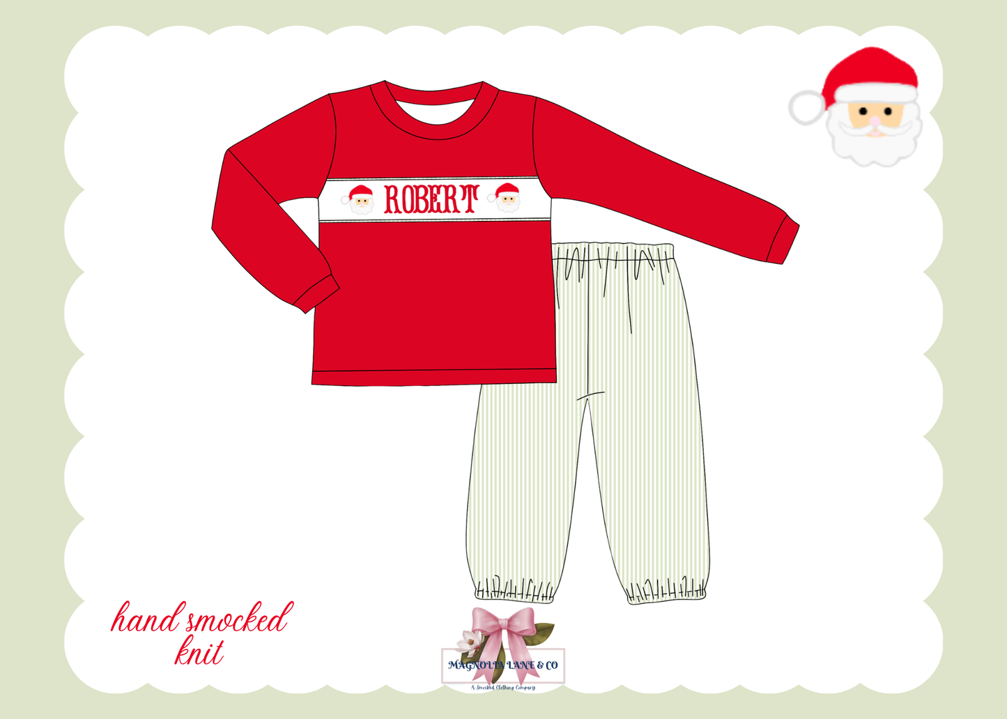 PO26: Santa Name Smocks (White Santa): Boy’s Pants Set (ETA: October)