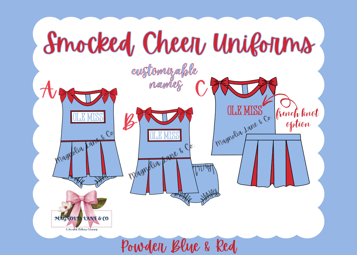 PO8: Powder Blue/Red Cheer Uniforms