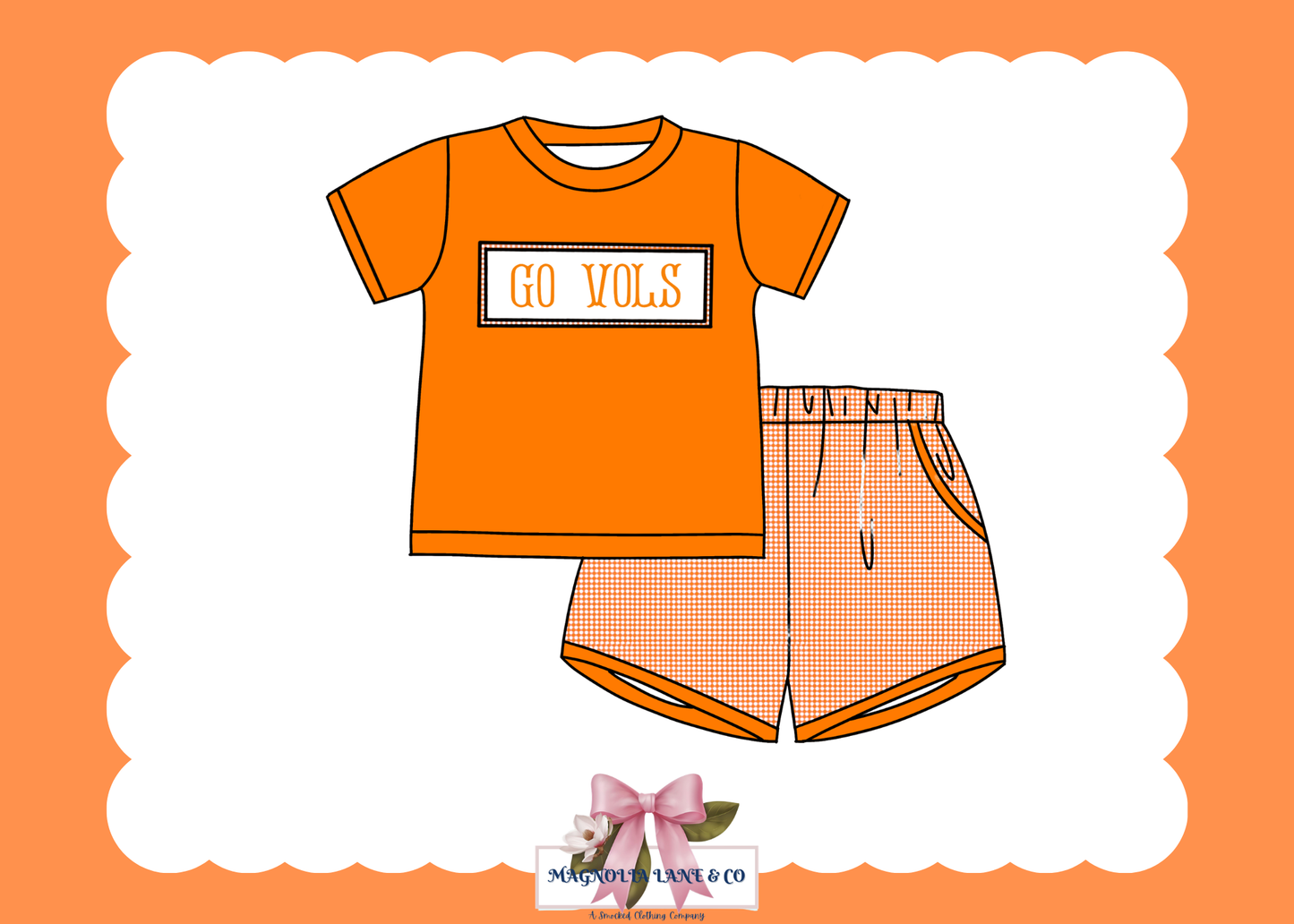 PO23: Boy’s Orange & White Gingham Game Day Shorts Set