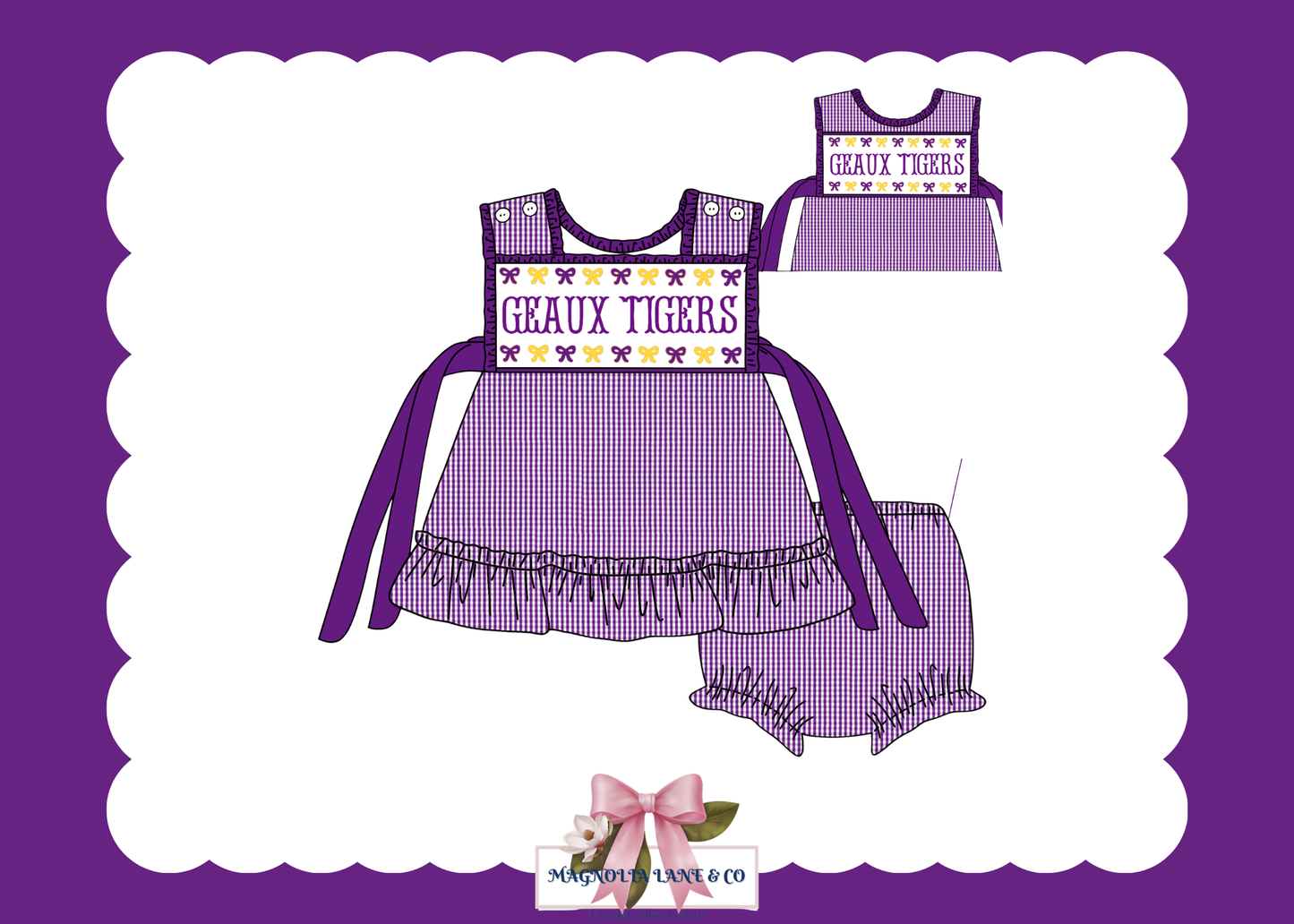 PO23: Girl’s Purple & Gold Gingham Game Day Bloomer Set/Dress