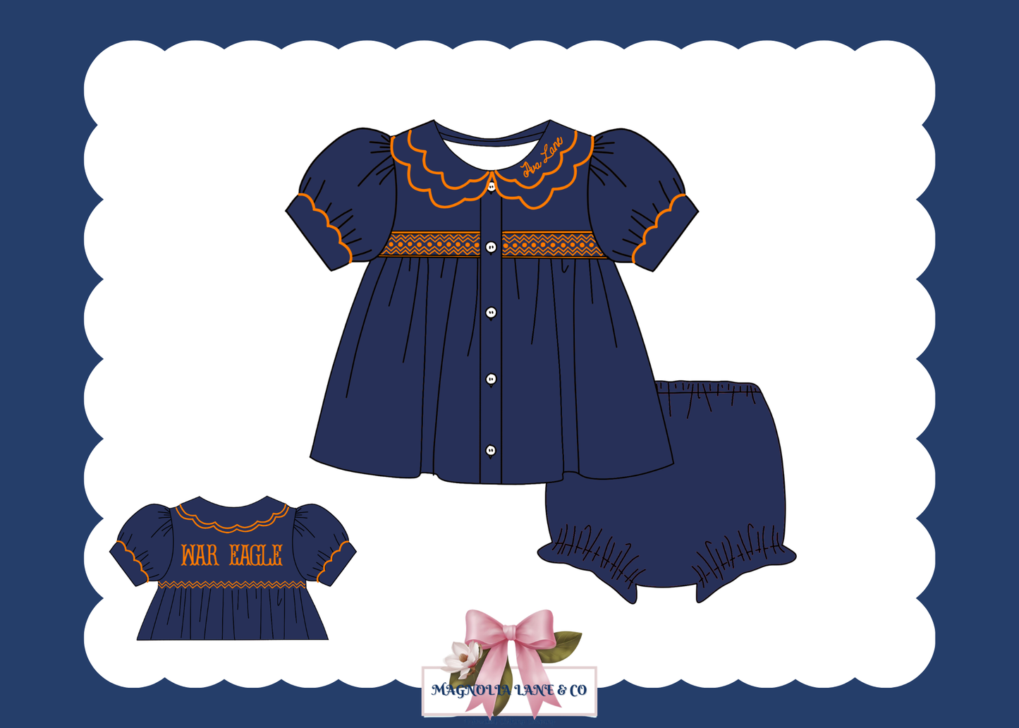 PO23: Girl’s Navy & Orange Tiny Tailgaters Bloomer Set/Dress