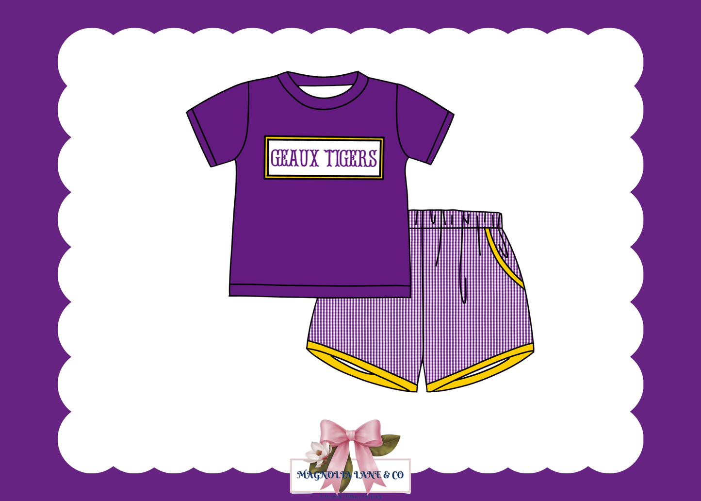 PO23: Boy’s Purple & Gold Gingham Game Day Shorts Set