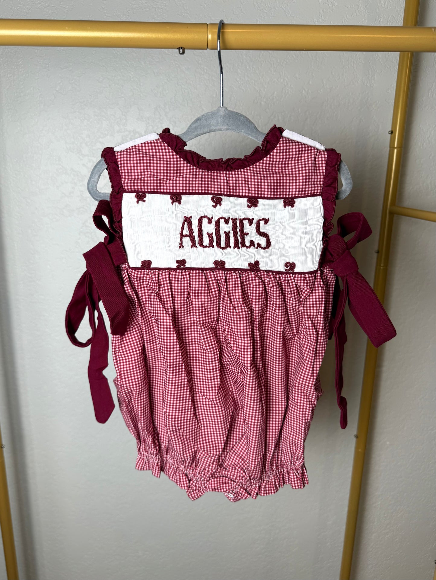 Girl’s Maroon & White Gingham Game Day Bubble - "GIG 'EM"/"AGGIES"