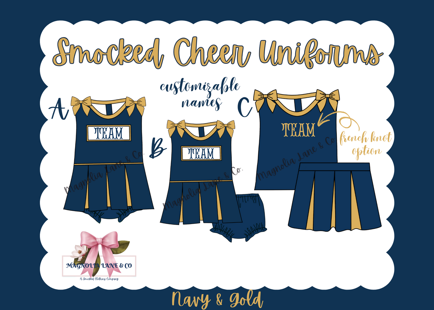 PO8: Navy/Gold Cheer Uniforms