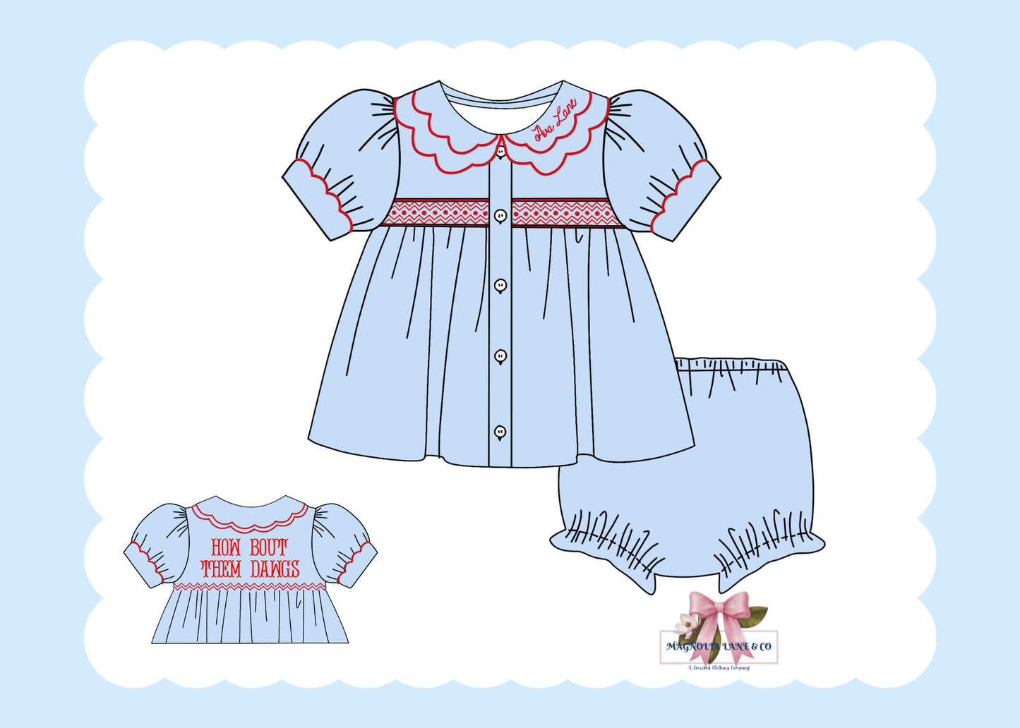 PO23: Girl’s Light Blue & Red Tiny Tailgaters Bloomer Set/Dress