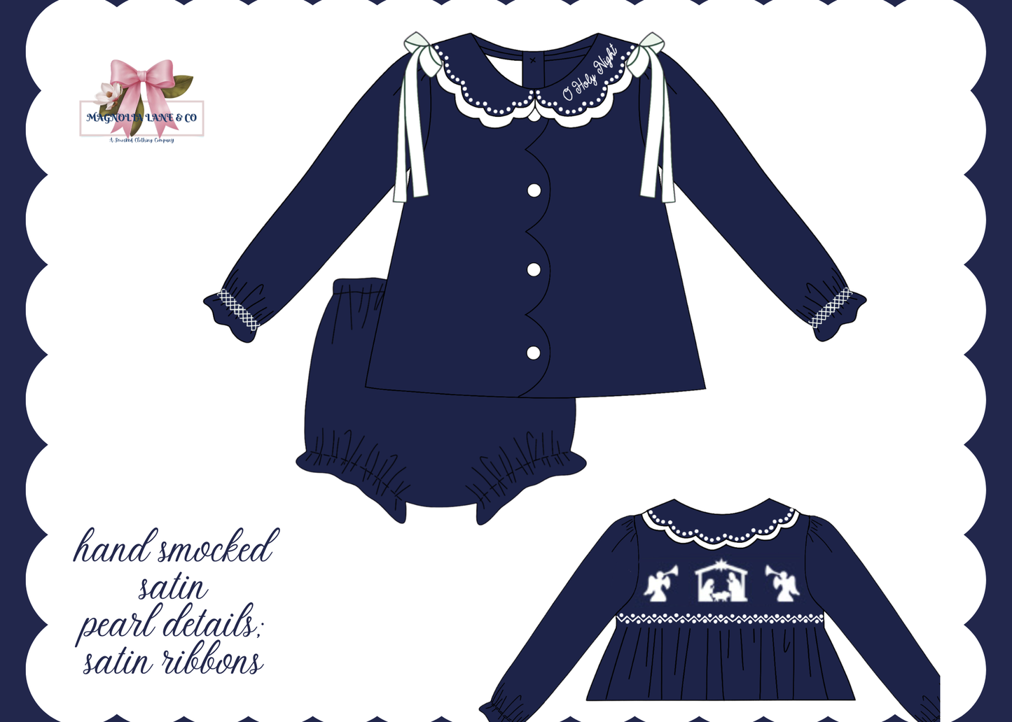 PO26: Navy Nativity: Girl’s Bloomer Set/Dress (ETA: October)