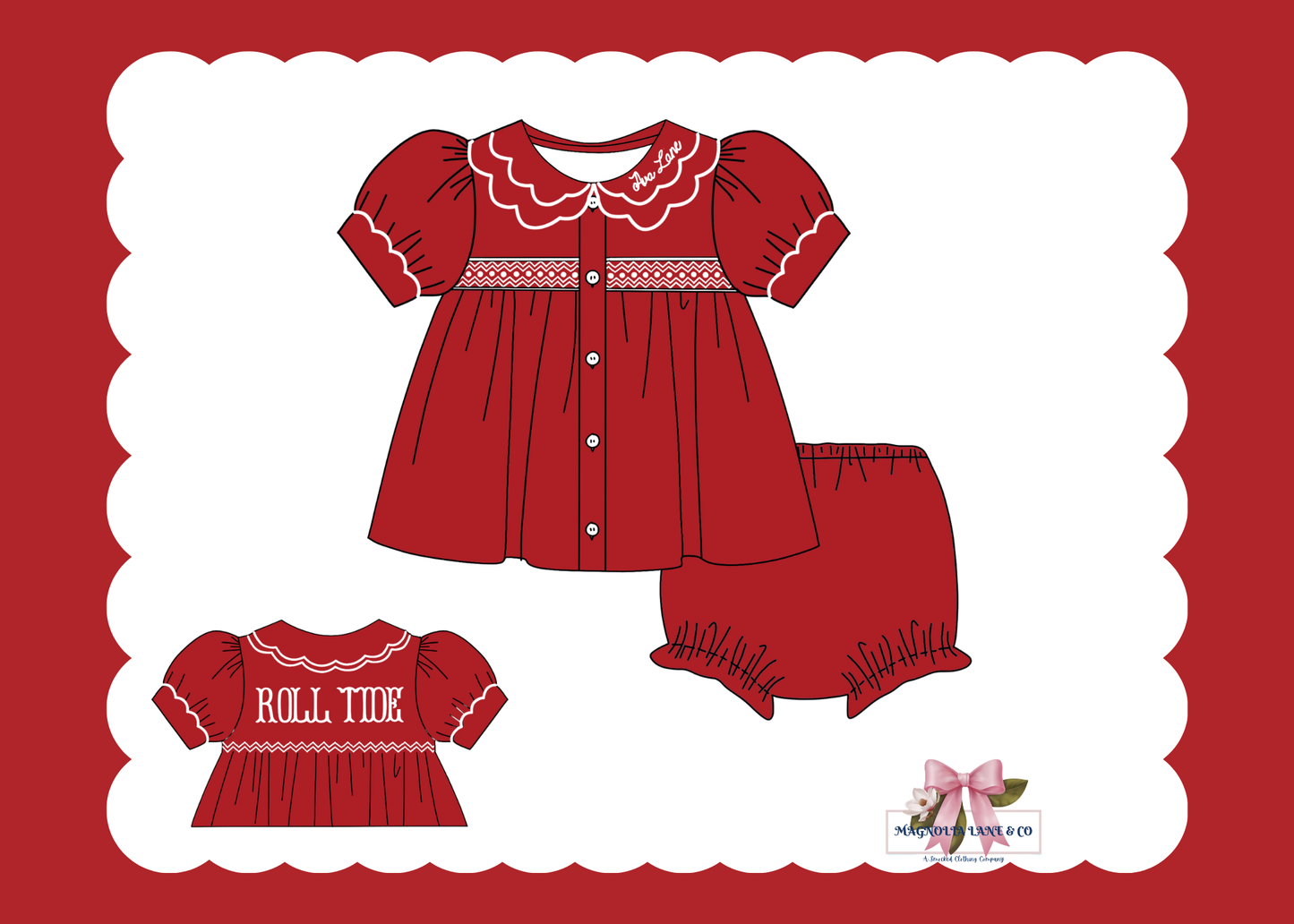 PO23: Girl’s Crimson/Cardinal Red & White Tiny Tailgaters Bloomer Set/Dress