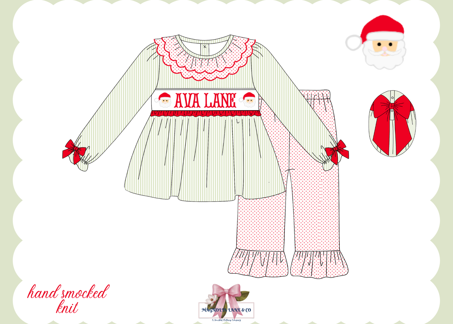 PO26: Santa Name Smocks (White Santa): Girl’s Pants Set (ETA: October)