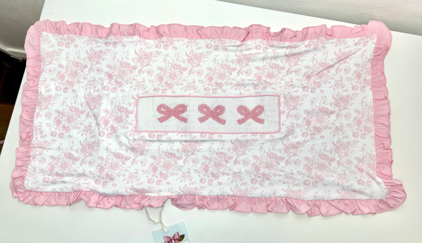 PO21: Pink Toile Small Lumbar Pillow w/ Bows