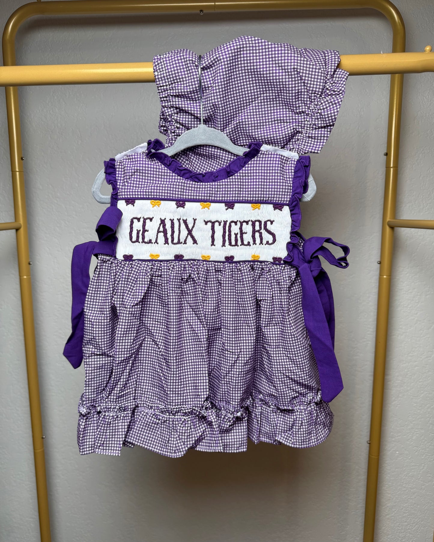 Girl’s Purple & Gold Gingham Game Day Bloomer Set - "GEAUX TIGERS" on both sides