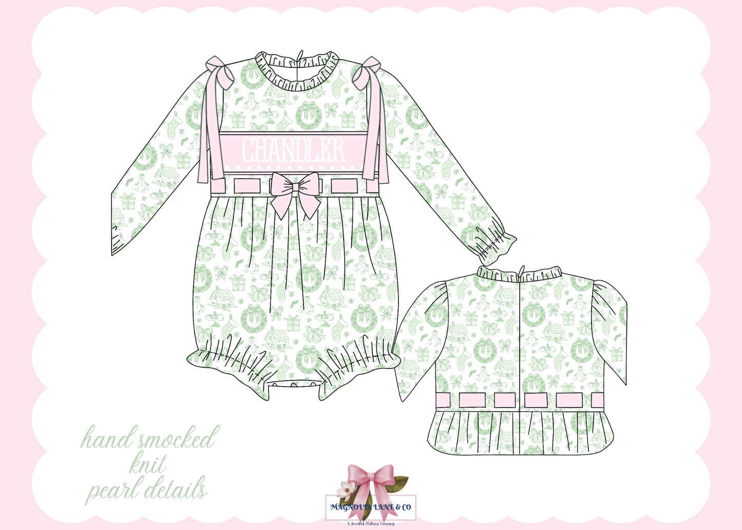 PO27: Girl's Green Christmas Toile Bubble (ETA: November)