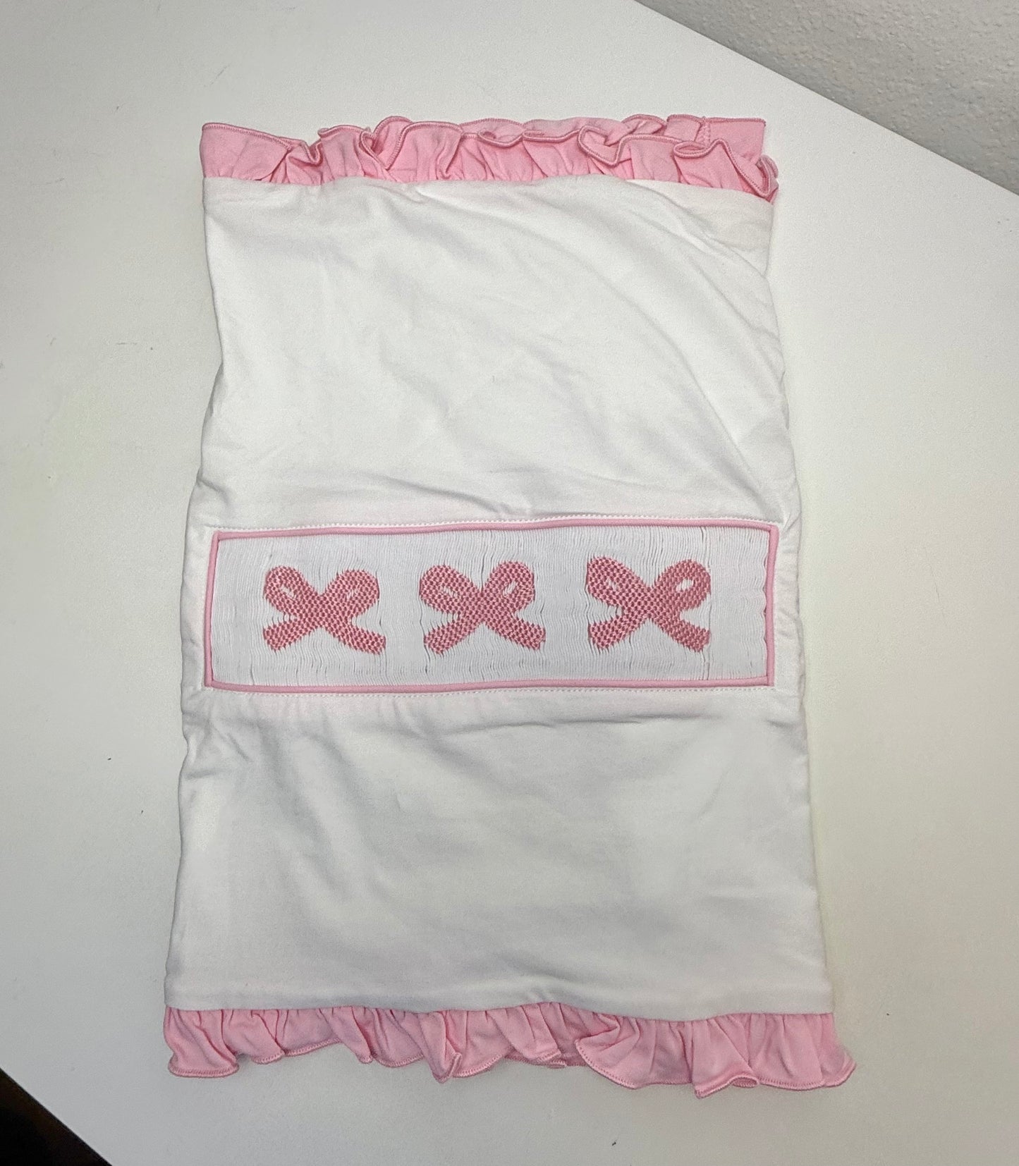PO21: White & Pink Large Lumbar Pillow w/ Bows