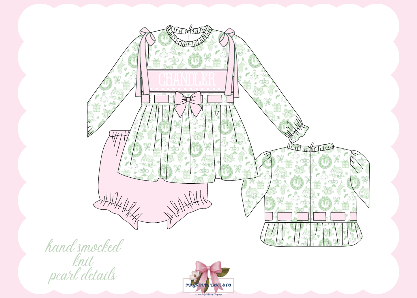 PO27: Girl's Green Christmas Toile Bloomer Set/Dress (ETA: November)