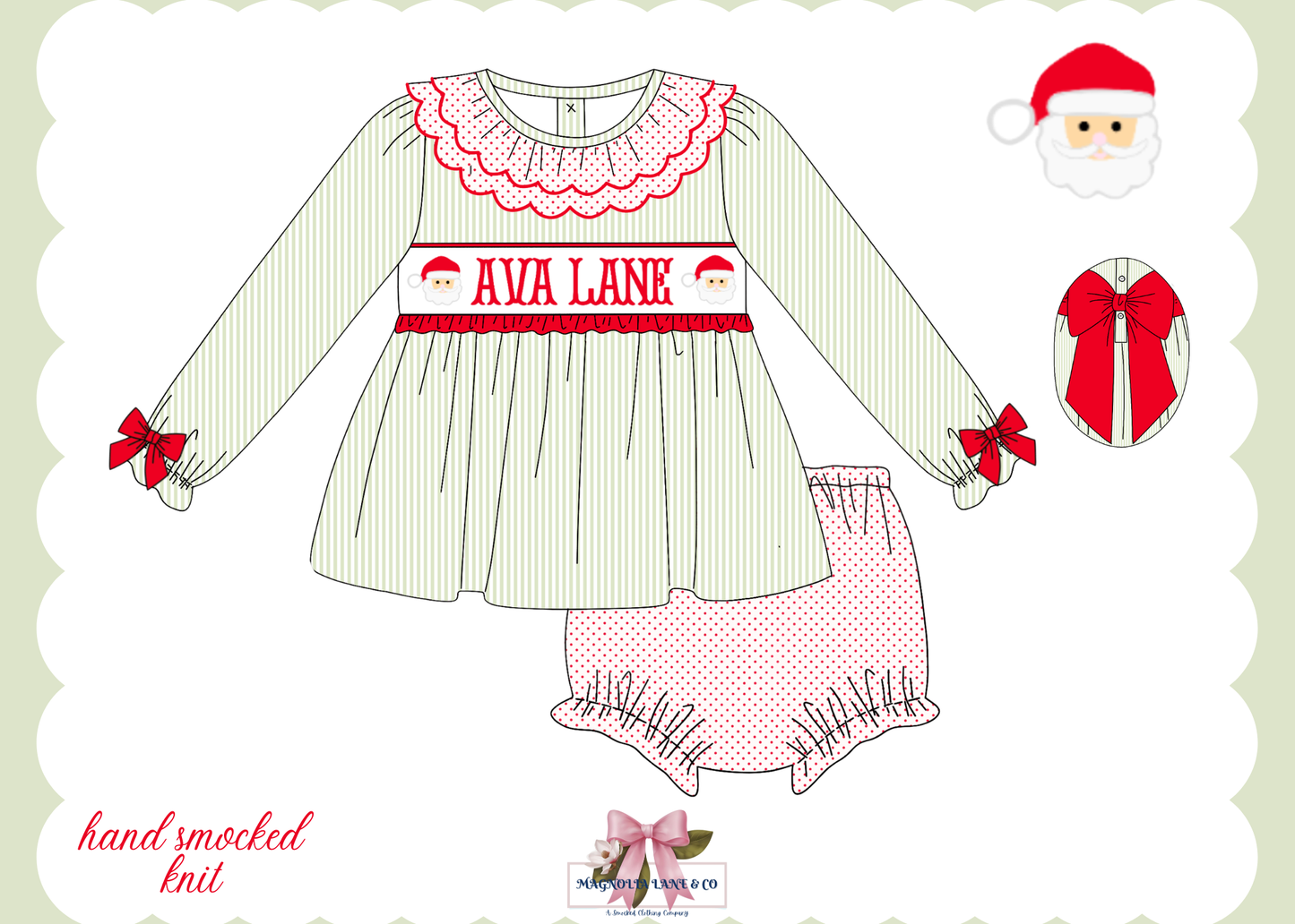 PO26: Santa Name Smocks (White Santa): Girl’s Bloomer Set/Dress (ETA: October)