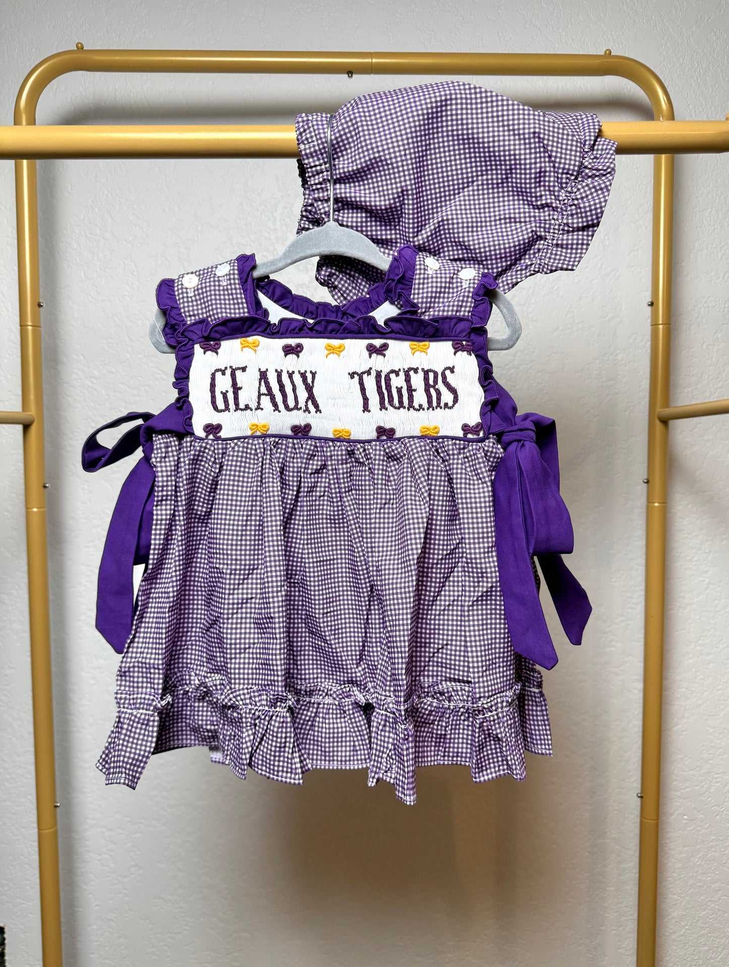 Girl’s Purple & Gold Gingham Game Day Bubble - "GEAUX TIGERS" on both sides