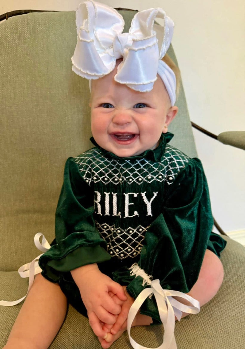 Green Velvet: Girl’s Bloomer Set - "MERRY CHRISTMAS"