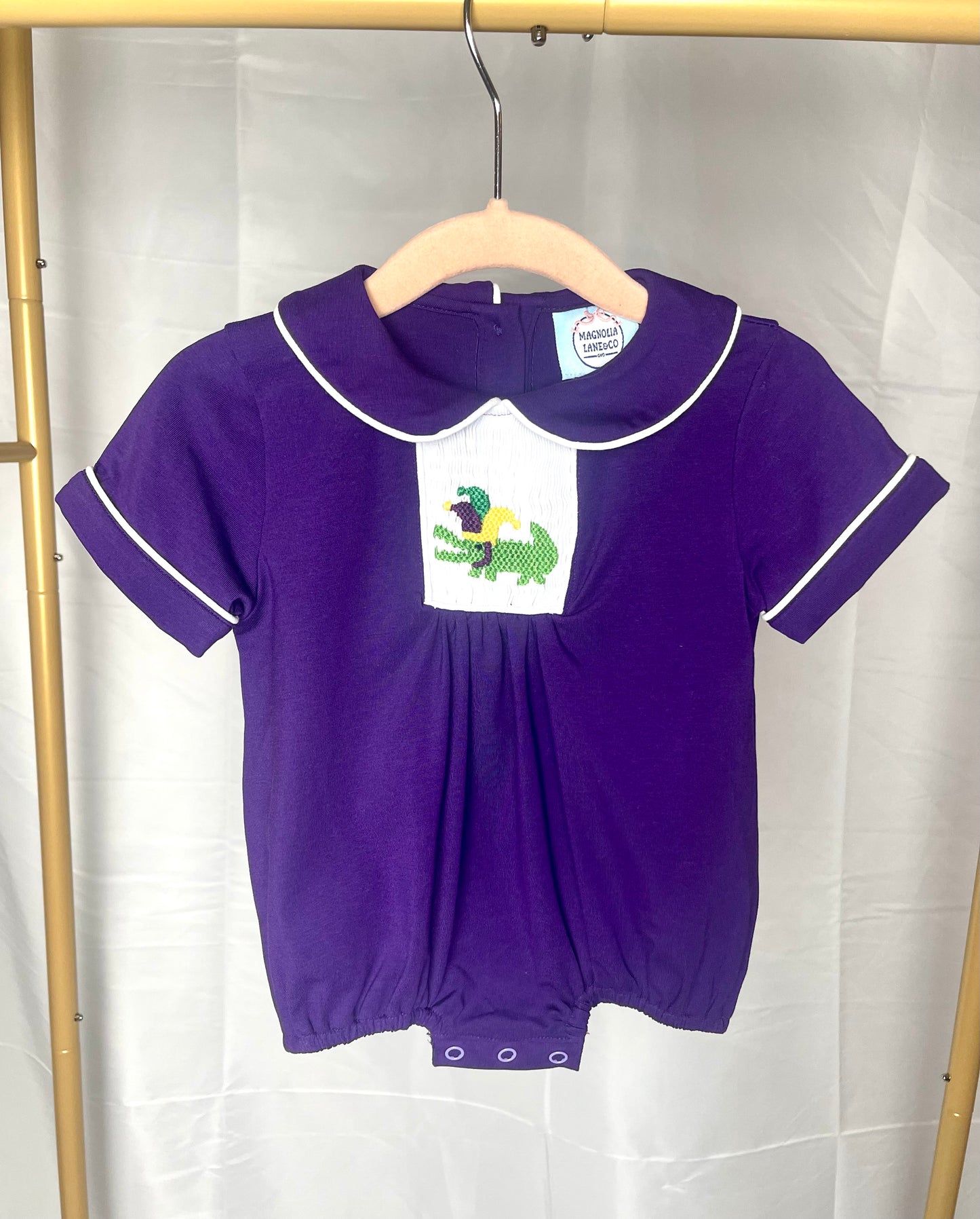 Hand Smocked Mardi Gras Gator- BUBBLE