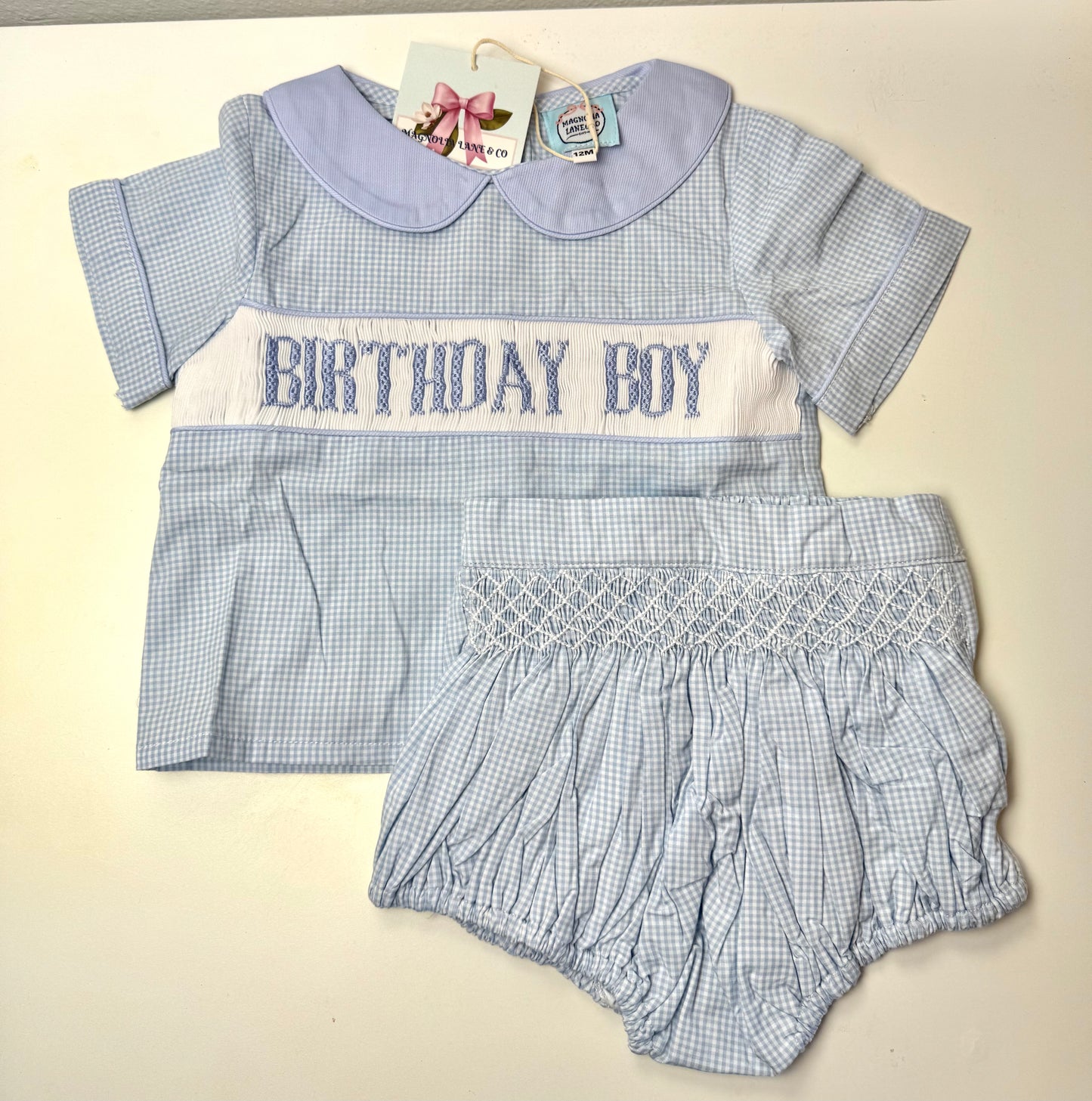 Boy's Blue Gingham Birthday Smocked Diaper Set
