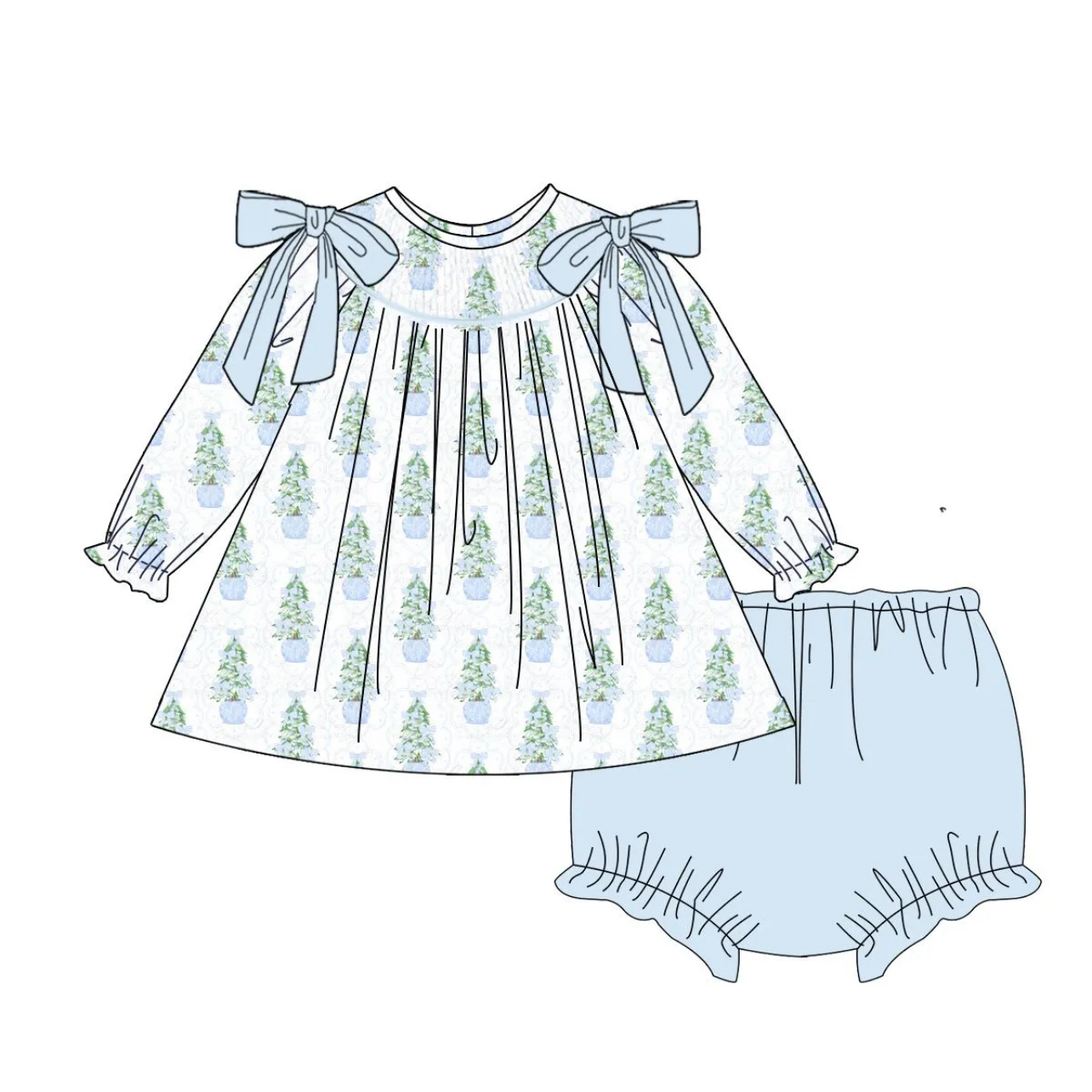Blue Bow Christmas Trees Girl's Bloomer Set