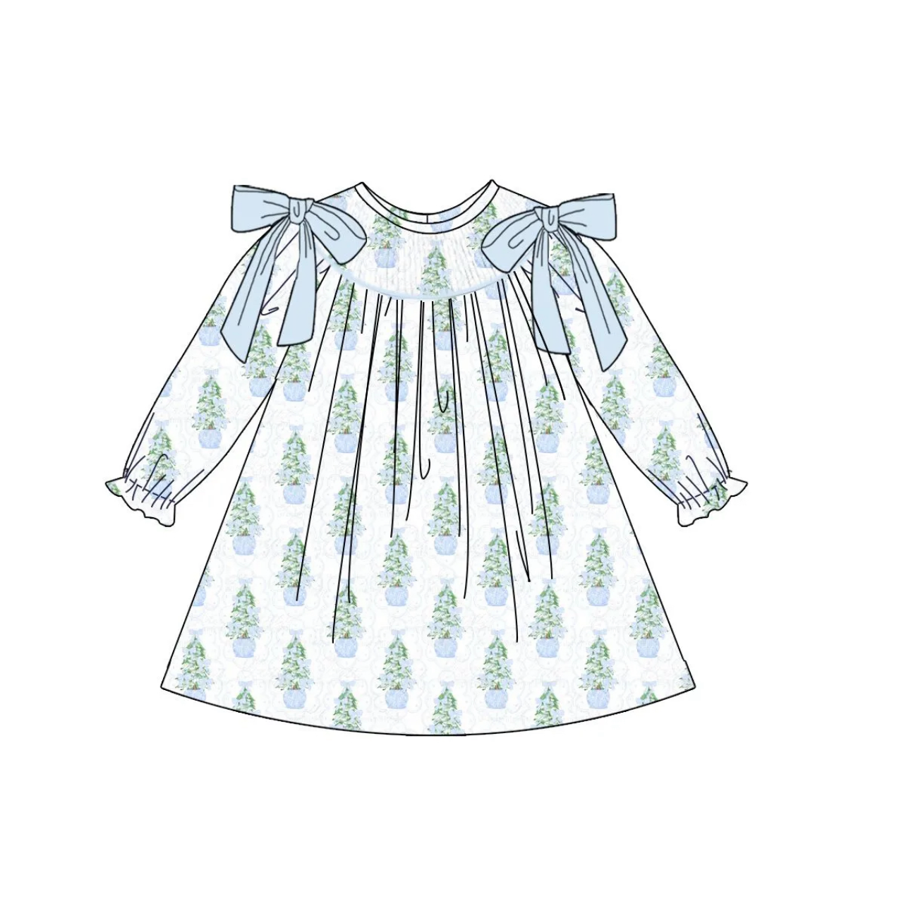 Blue Bow Christmas Trees Girl's Dress