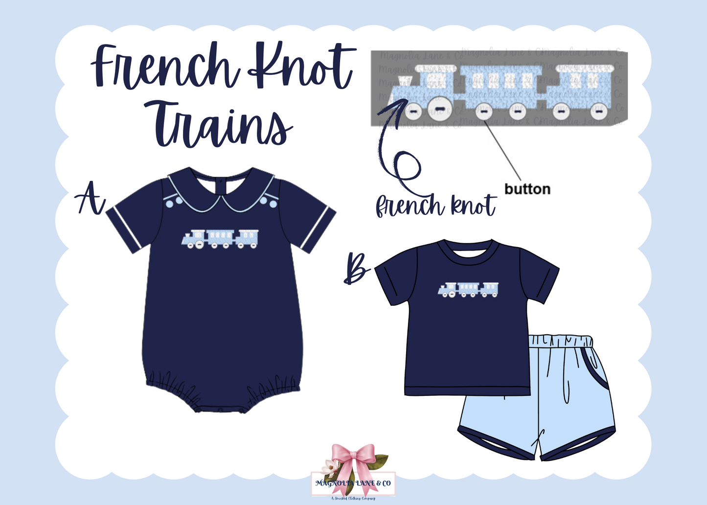 Boy's Navy French Knot Trains: Bubble