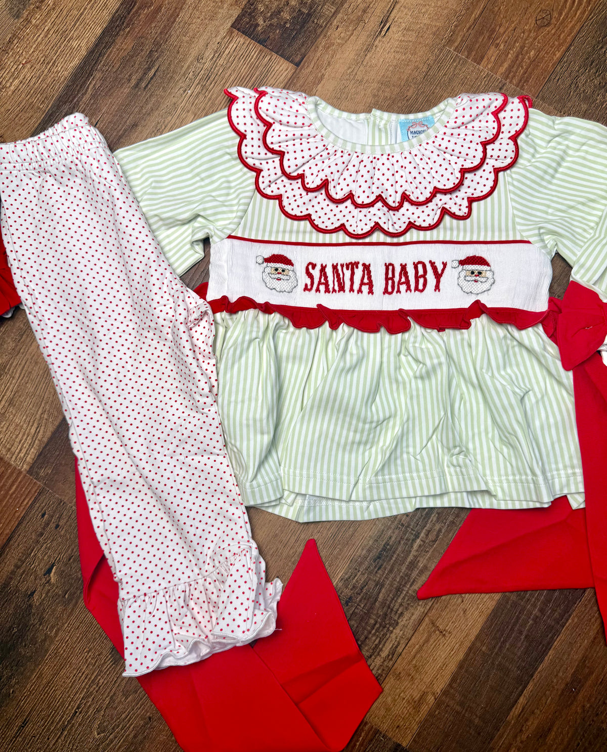Santa Name Smocks (White Santa): Girl’s Pants Set - "SANTA BABY"