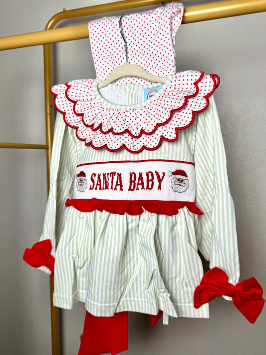 Santa Name Smocks (White Santa): Girl’s Bloomer Set - "SANTA BABY"