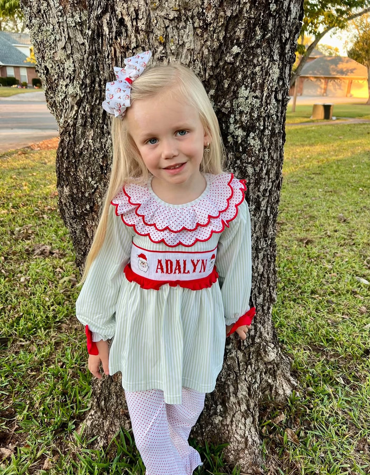 Santa Name Smocks (White Santa): Girl’s Pants Set - "SANTA BABY"