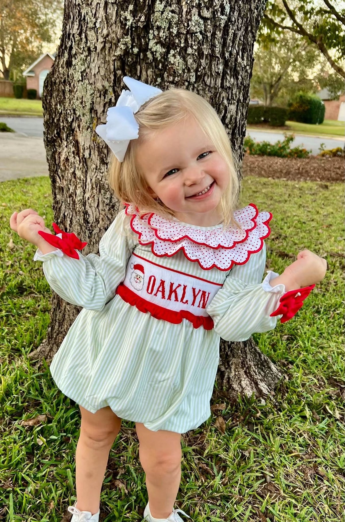 Santa Name Smocks (White Santa): Girl’s Bubble - "SANTA BABY"