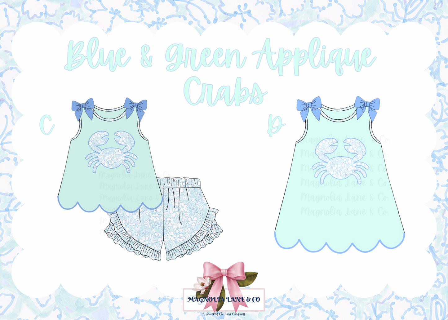 Girl's Blue & Green Applique Crabs: BUBBLE