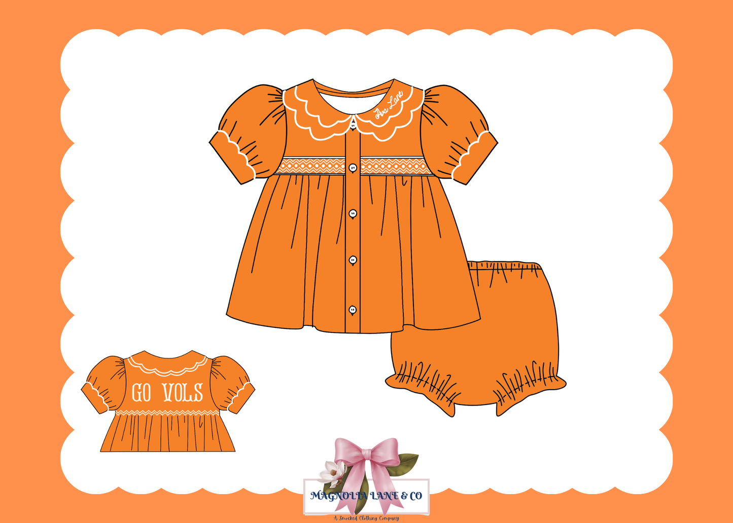 PO23: Girl’s Orange & White Tiny Tailgaters Bloomer Set/Dress