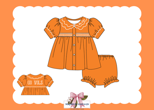 PO23: Girl’s Orange & White Tiny Tailgaters Bloomer Set/Dress
