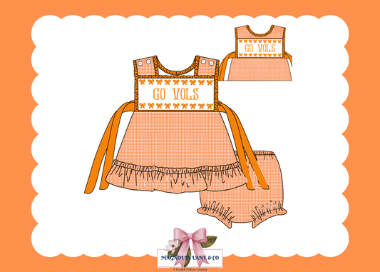 PO23: Girl’s Orange & White Gingham Game Day Bloomer Set/Dress