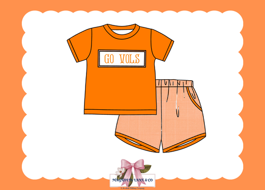 PO23: Boy’s Orange & White Gingham Game Day Shorts Set