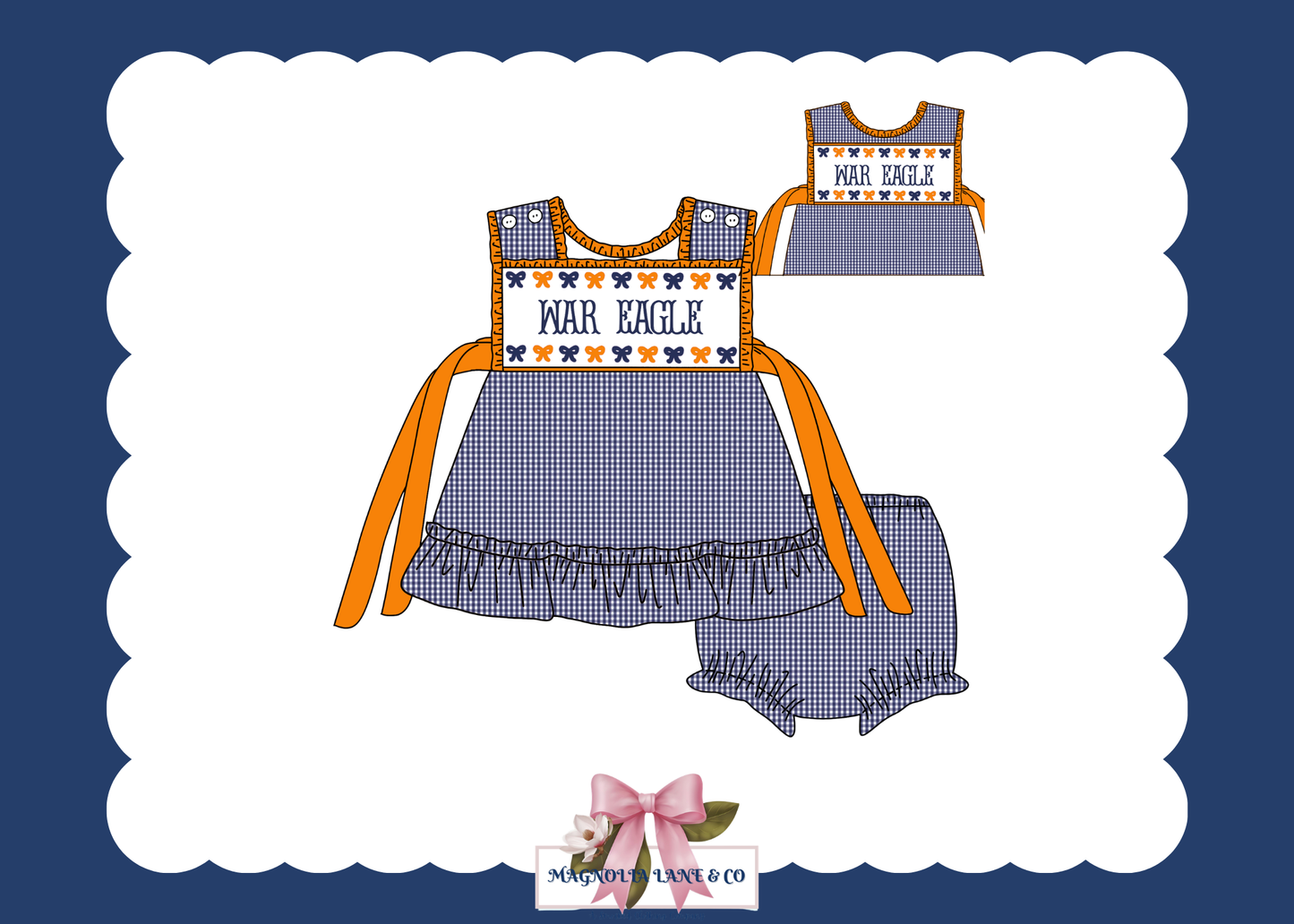 PO23: Girl’s Navy & Orange Gingham Game Day Bloomer Set/Dress