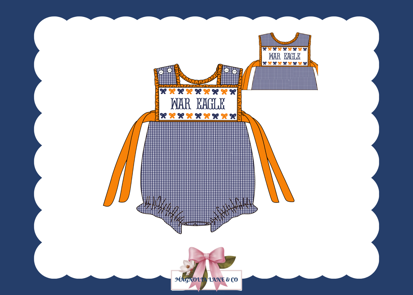 PO23: Girl’s Navy & Orange Gingham Game Day Bubble