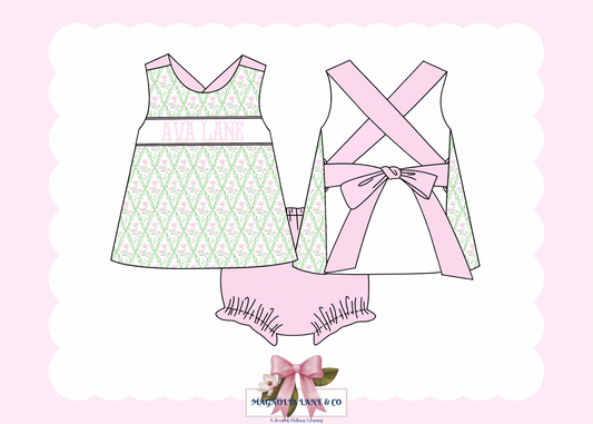 PO22: Girl’s Pink & Green Floral Bloomer Set
