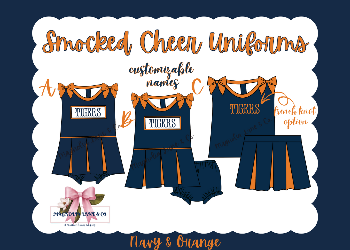PO8: Navy/Orange Cheer Uniforms