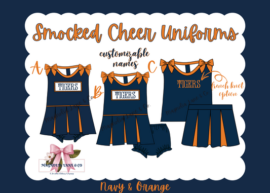 PO8: Navy/Orange Cheer Uniforms