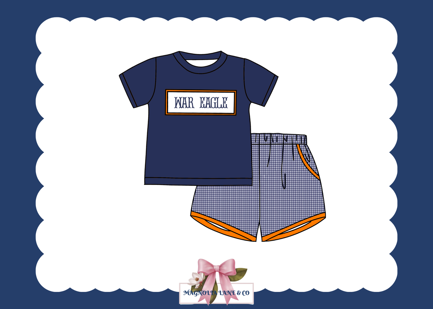 PO23: Boy’s Navy & Orange Gingham Game Day Shorts Set