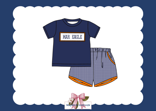 PO23: Boy’s Navy & Orange Gingham Game Day Shorts Set