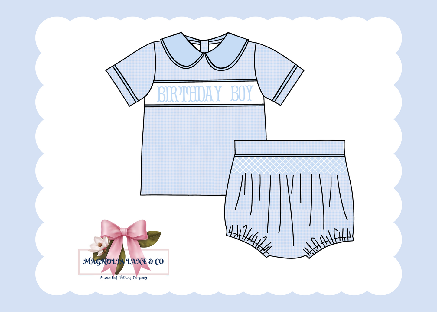 Boy's Blue Gingham Birthday Boy Smocked Diaper Set