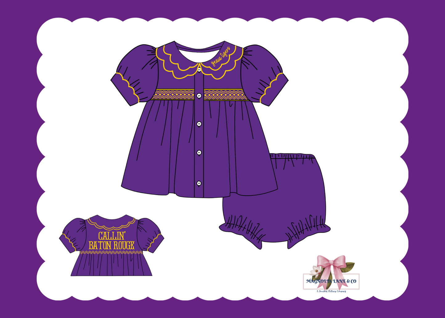 PO23: Girl’s Purple & Gold Tiny Tailgaters Bloomer Set/Dress