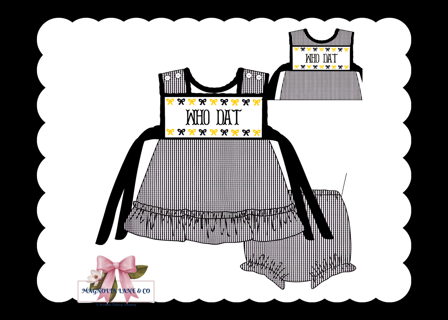 PO23: Girl’s Black & Gold Gingham Game Day Bloomer Set/Dress