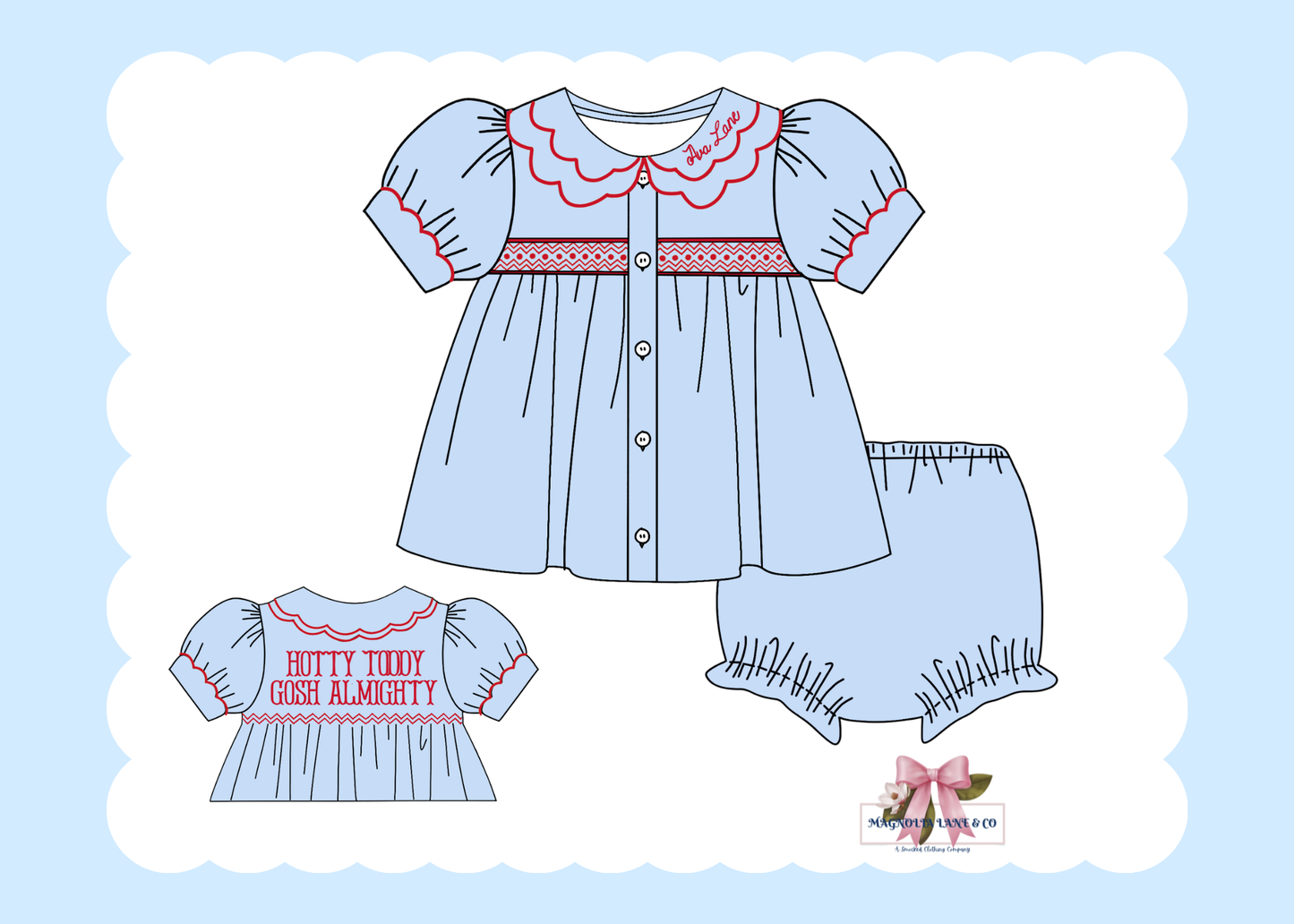 PO23: Girl’s Light Blue & Red Tiny Tailgaters Bloomer Set/Dress