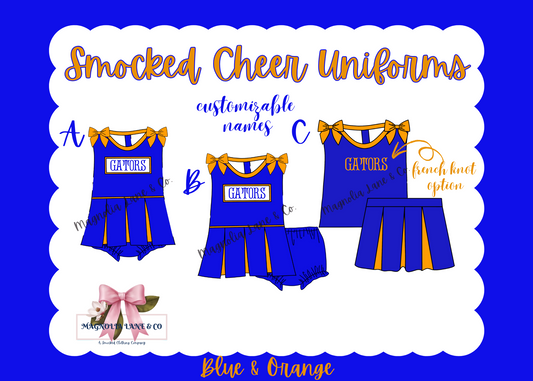 PO8: Blue/Orange Cheer Uniforms