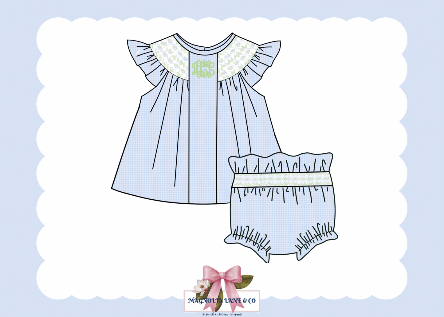 PO22: Girl’s Blue & Green Initials Bloomer Set