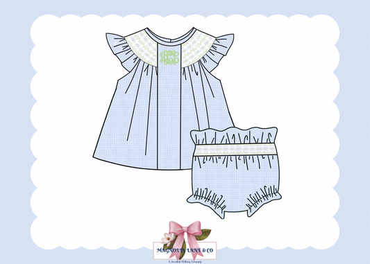 PO22: Girl’s Blue & Green Initials Bloomer Set