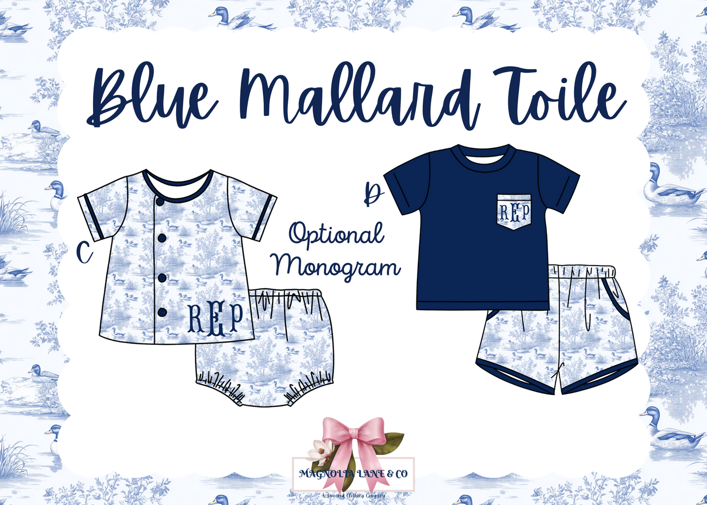 Blue Mallard Toile Diaper Set