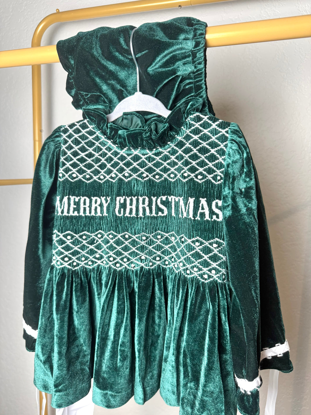 Green Velvet: Girl’s Bloomer Set - "MERRY CHRISTMAS"